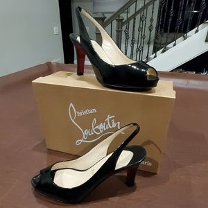 CL No Prive 90 Peep Toe Sling Black Patent Size 37